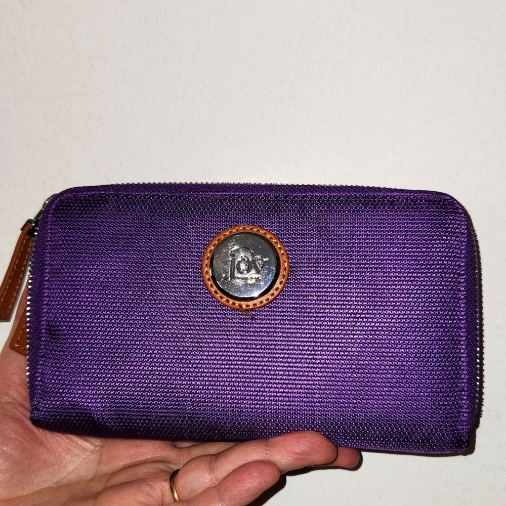 JOY MANGANO purple canvas 2 zip wallet, pre loved item sold as is